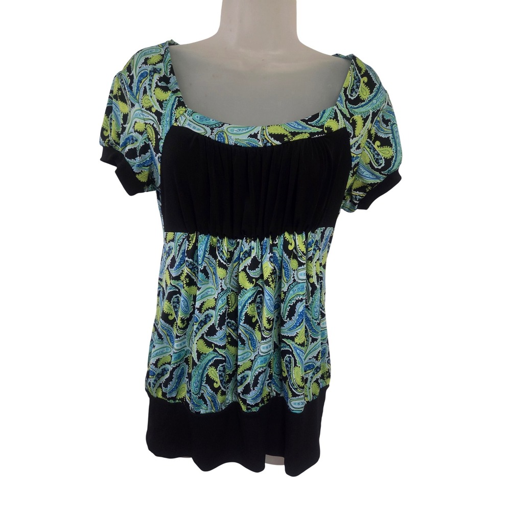 Y2K Touch of Atmosphere Paisley Empire Waist Tunic Top Women's Blue Green Black